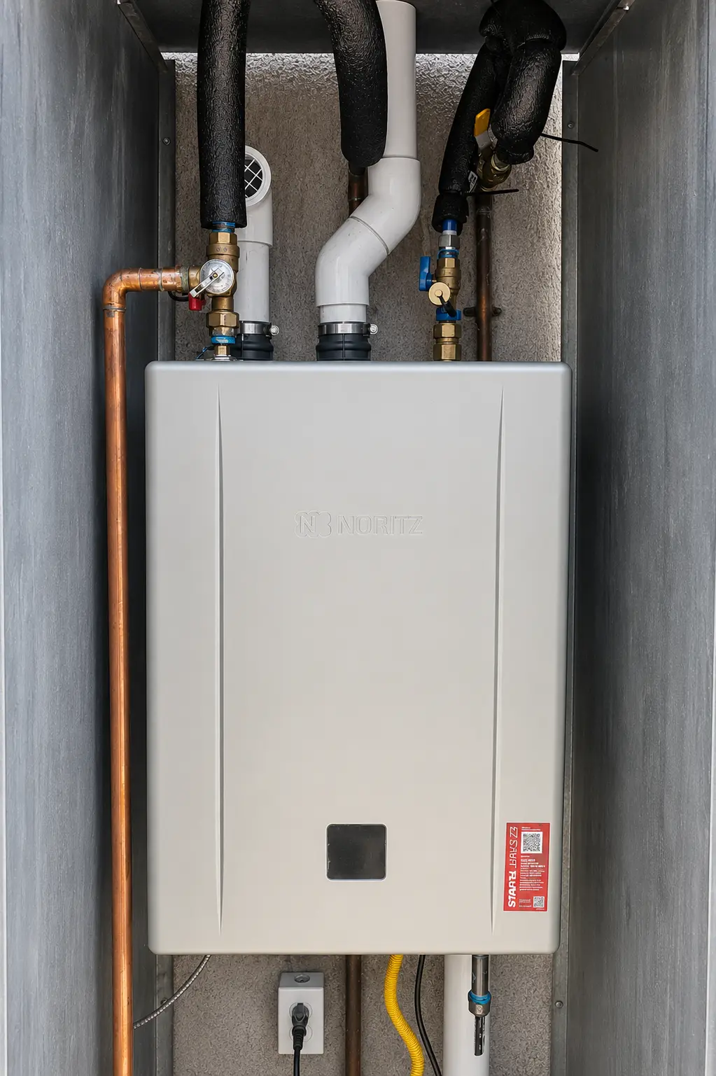 Recessed tankless water heater with clean copper and insulated piping