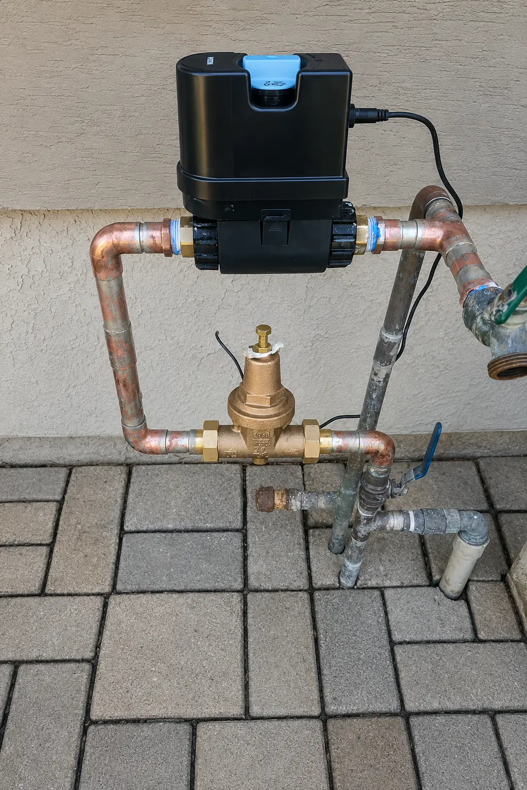 Smart water shut-off and brass pressure regulator after installation