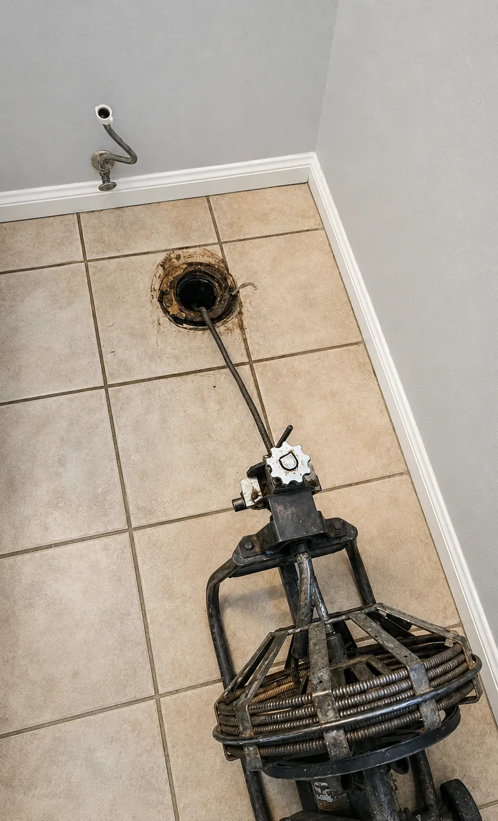 Drain cleaning cable inserted through a floor cleanout