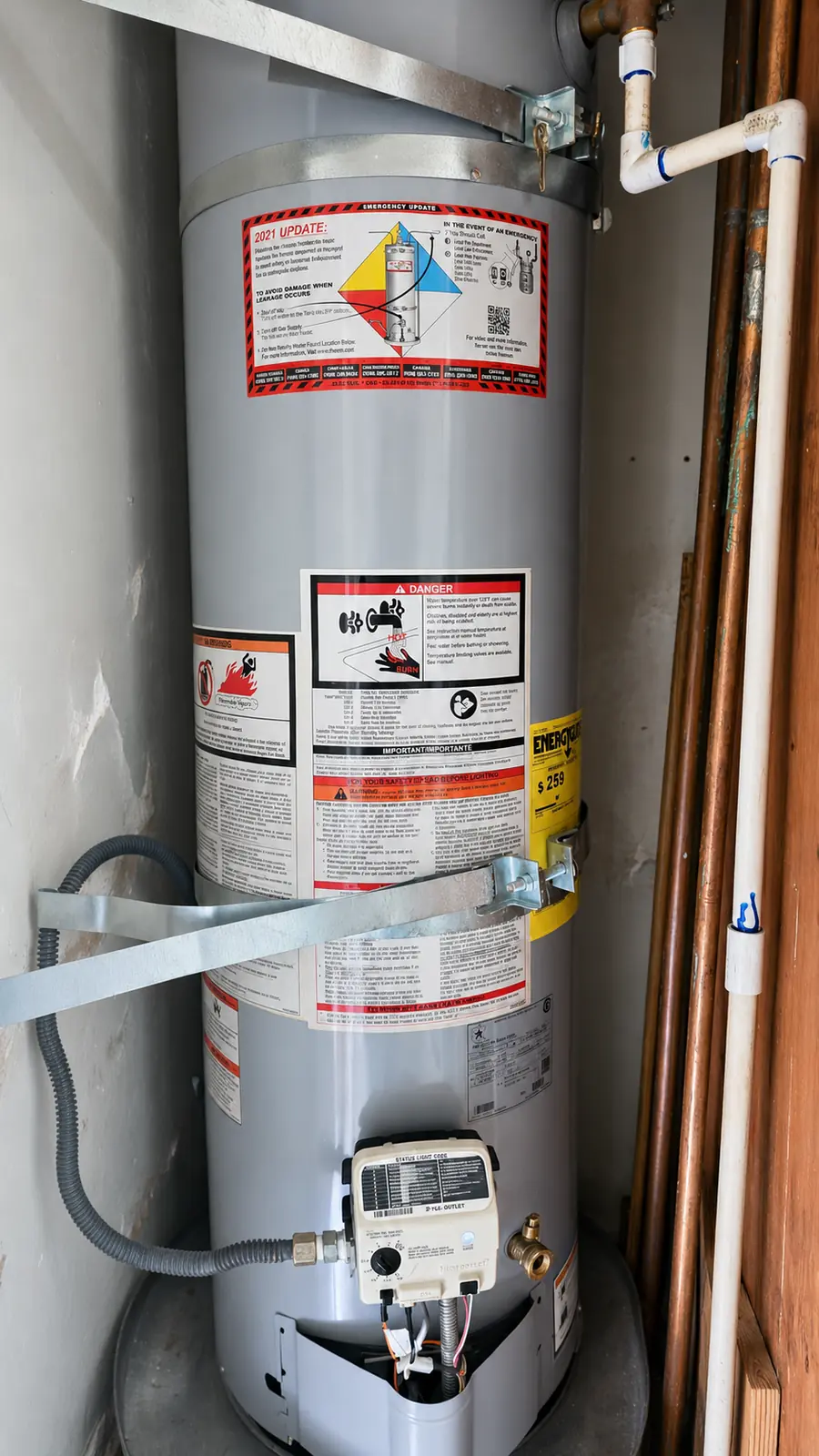 Traditional tank water heater and nearby copper piping