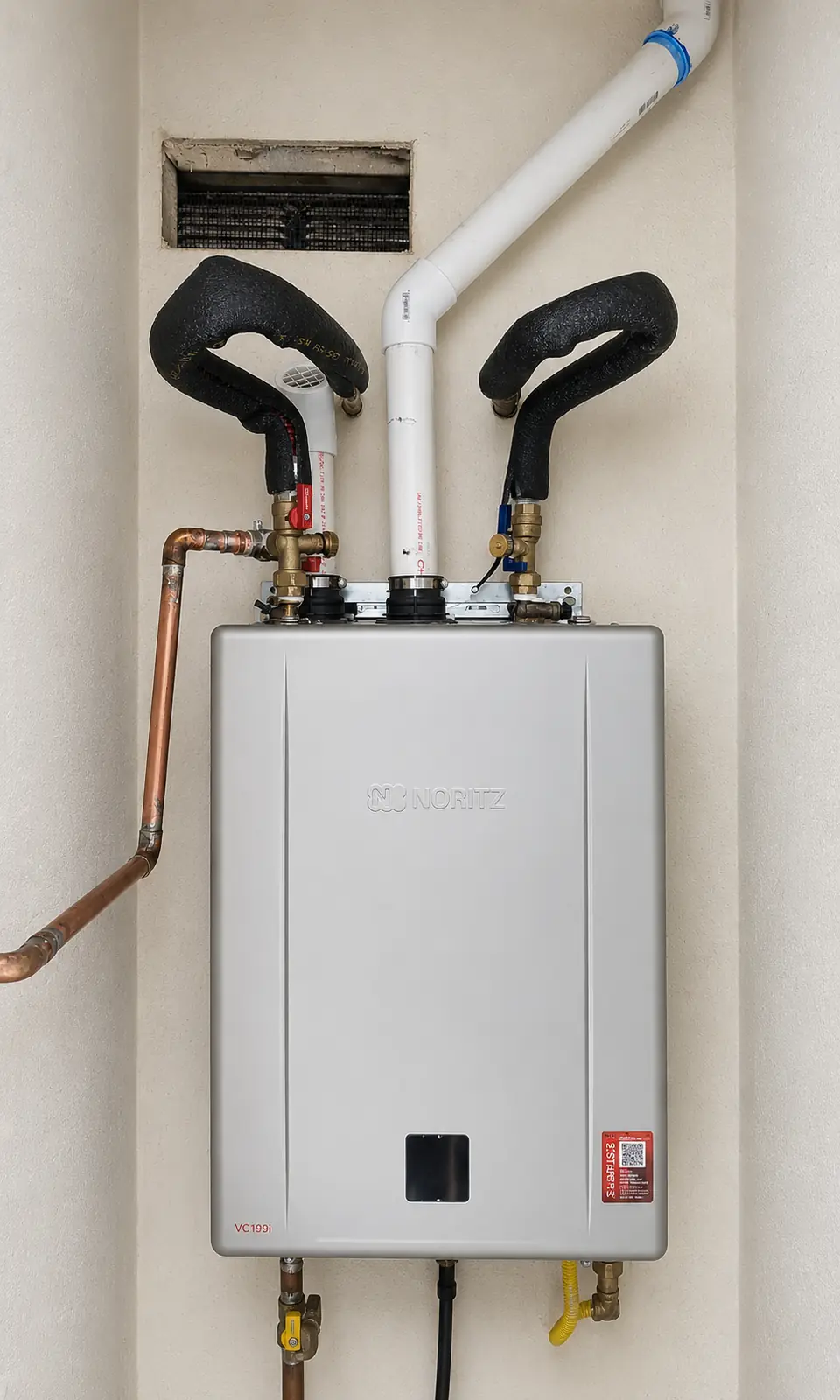 Tankless water heater with copper pipework and insulated lines